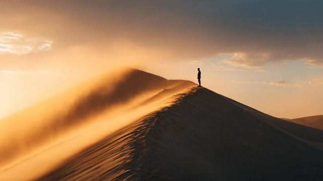 A lone figure climbs a golden sand dune and pauses at the top, gazing into the distance as wind sweeps across the ridge. Minimalist, atmospheric 10-second video.