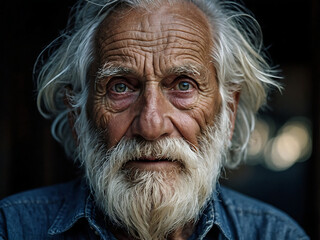 A detailed close-up of an elderly man's face with deep wrinkles, messy white hair, and a long beard, capturing wisdom and the stories of a lifetime.