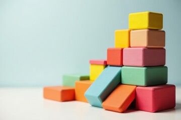 Obraz premium Pastel-colored wooden blocks arranged in a playful, ascending structure, representing concepts of growth, creativity, and building