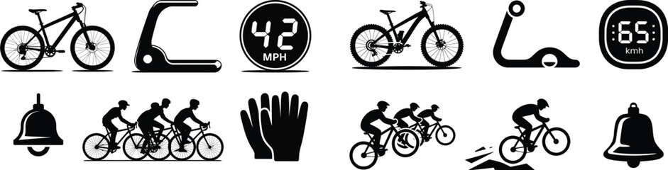 Bicycle icon set in bold black silhouette style. 