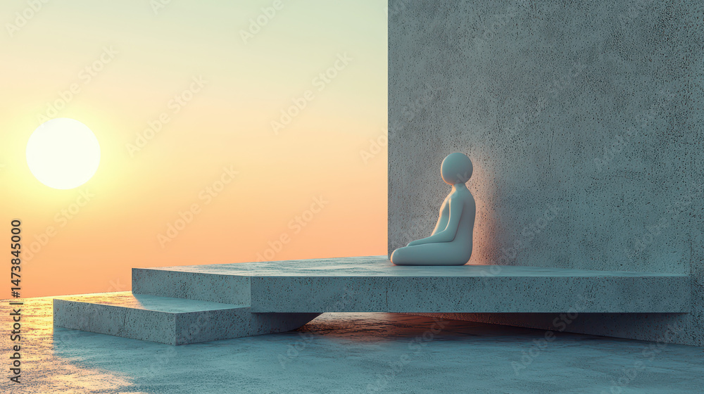 Poster a sleek 3d background visuals in 4k showcases a figure in meditation on a concrete platform viewed f