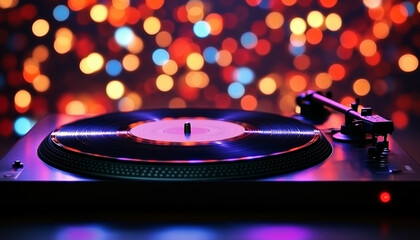 Turntable with vinyl record on table against