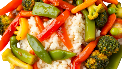 Overhead Close Up of Stir Fried Vegetables with Rice on Transparent Background Featuring Broccoli Carrots and Peppers For Clip Art Use
