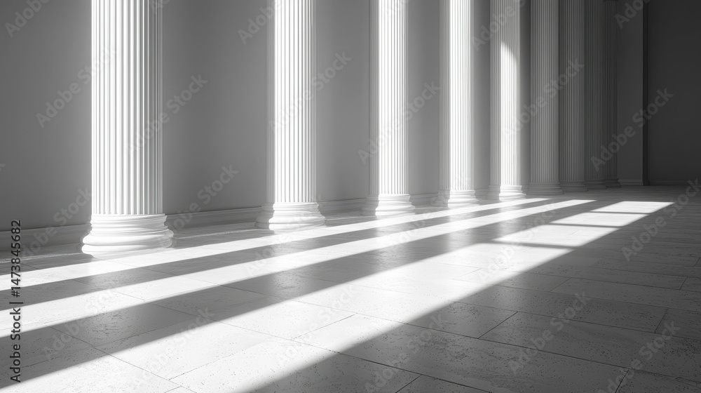 Poster elegant 4k 3d rende displays realistic side angle view of classic white columns illuminated by brigh