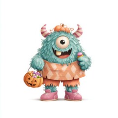 Cute monster dressed for Halloween carrying a pumpkin basket in a playful setting