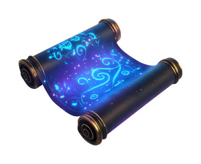 Enchanted glowing magical scroll with cosmic symbols, cut out - stock png.