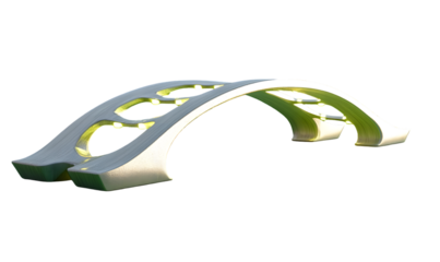 Elegant, curved bridge design; intricate detailing, smooth surface, subtle green highlights