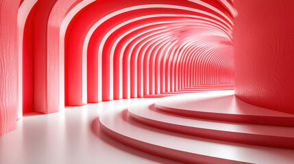Obraz premium A realistic 4K 3D render shows a professional design featu a mesmerizing red and white tunnel perspective background with smooth curves and arches.
