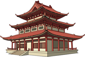 91 3d render, intricate detailed topolos temple, pagoda style architecture, elegant curved rooftops, vibrant red color, traditional asian design, ornate details, photorealistic, octagon shape