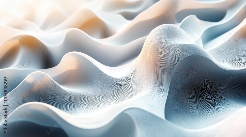 Poster realistic 4k 3d background showing organized forms with a side angle view, revealing smooth wavy sha