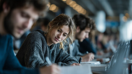 diverse students studying together at a large table in a modern library