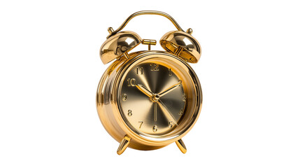 Golden alarm clock isolated on white and transparent background, cut out png