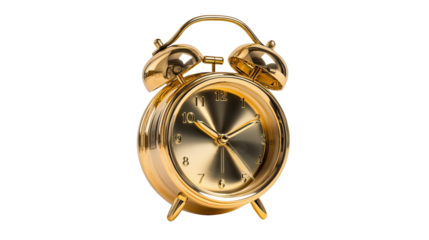 Golden alarm clock isolated on white and transparent background, cut out png