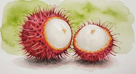 Tropical fruit duo watercolor painting with green background