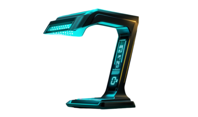 Futuristic desk lamp with digital display and sleek, dark design, emitting cool cyan light
