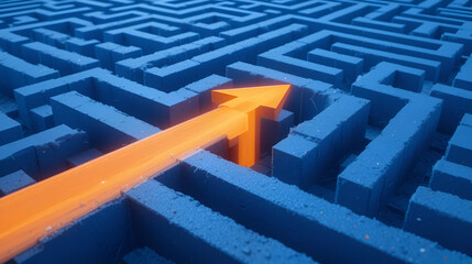 Blue maze with glowing orange arrow exiting, symbolizing problem-solving, strategic planning, and finding solutions.  Concept represents path to success, escape, and overcoming obstacles