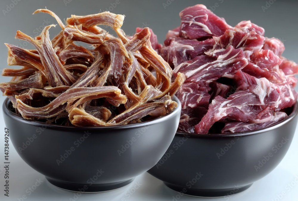 Poster assorted dried meat products in black bowls displayed on a light background showcasing different tex
