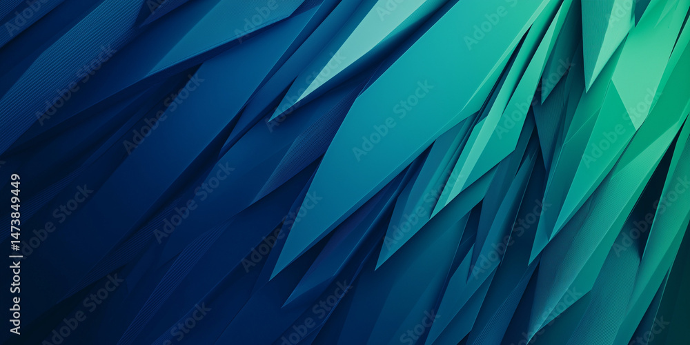 Poster abstract geometric artwork showcasing a dynamic gradient of teal and blue triangular shapes with int