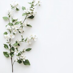 Fototapeta premium Delicate spring blossoms on a white background. A sprig of blooming flowers and green leaves against a pure white backdrop