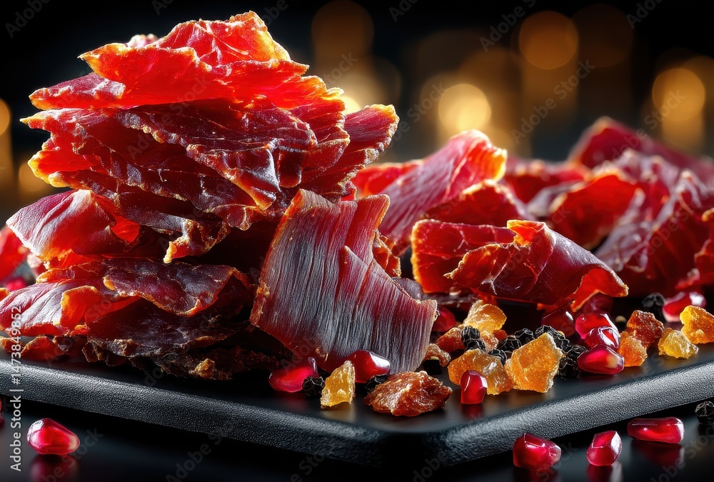 Poster assorted dried meat snacks arranged on dark surface with colorful garnishes and blurred background i
