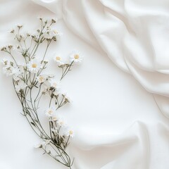 Delicate white flowers arranged on smooth white fabric