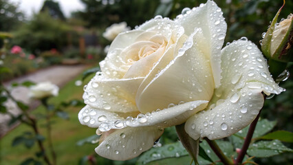 Wonderful white rose flower blooming on bush in the sunset garden