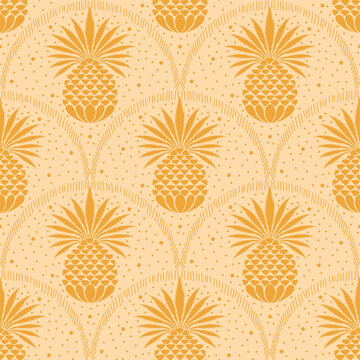 Monochrome seamless pineapple pattern in warm yellow tones with subtle dotted background. Simple tropical fruit design great for packaging, fabric, wrapping paper, and summer decor.
