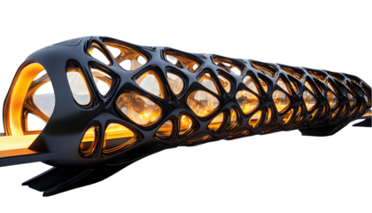 Futuristic tunnel design with intricate, organic lattice structure, illuminated from within with warm light