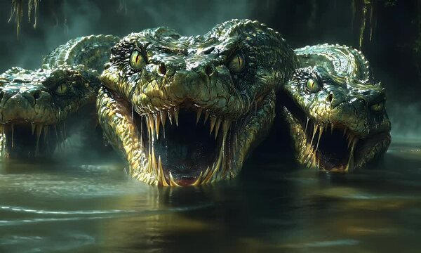 Giant multi-headed serpent emerging from dark swamp waters with open jaws ready to strike
