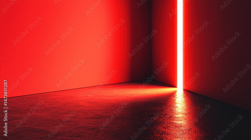 Poster minimalist 3d background with realistic red walls and floor, featu a bright vertical light emanating