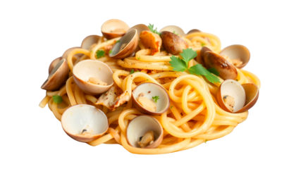 Overhead Shot of Spaghetti Alle Vongole with Open Clams and Fresh Cilantro Dish Isolated by Transparent Background for Italian Cuisine Menu Clip Art and Culinary Project