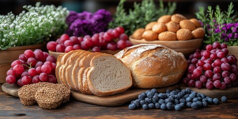 a bountiful Lughnasadh feast displayed on a rustic wooden table, featuring fresh bread, fruits, and grains, surrounded by festive decorations