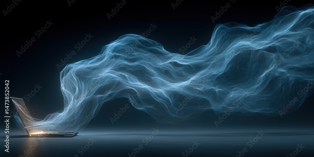 Poster digital data stream flows from open laptop in dark minimalistic style, evoking data breach energy