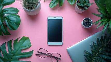 Flatlay Pink Background Smartphone Tropical Plants Laptop Glasses Workspace