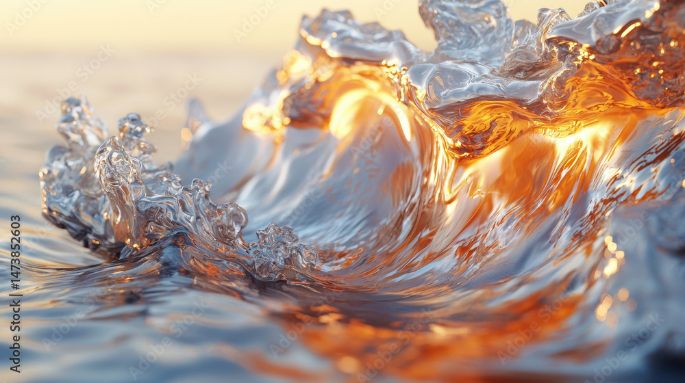 Poster realistic 4k 3d render shows a modern expression of a side view of a wave with golden light, an abst