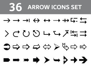 36 Arrow Icons Set, Black Vector Arrows for Web Design, UI, App Interface, Navigation, Direction, Forward, Back, Sync, Refresh, Loop, Swap, Transfer, Turn, Recycle, Click Symbol Collection