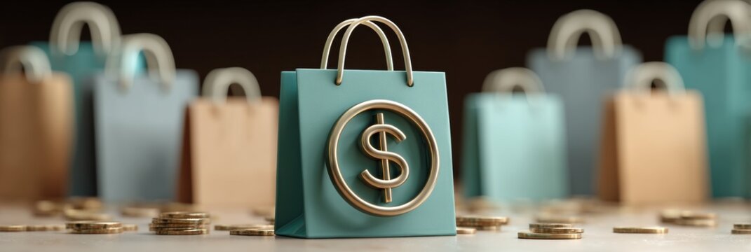 Cashback Promo Symbol Featured Prominently on Shopping Bag With Neutral Backdrop and Coins on Surface During a Retail Event