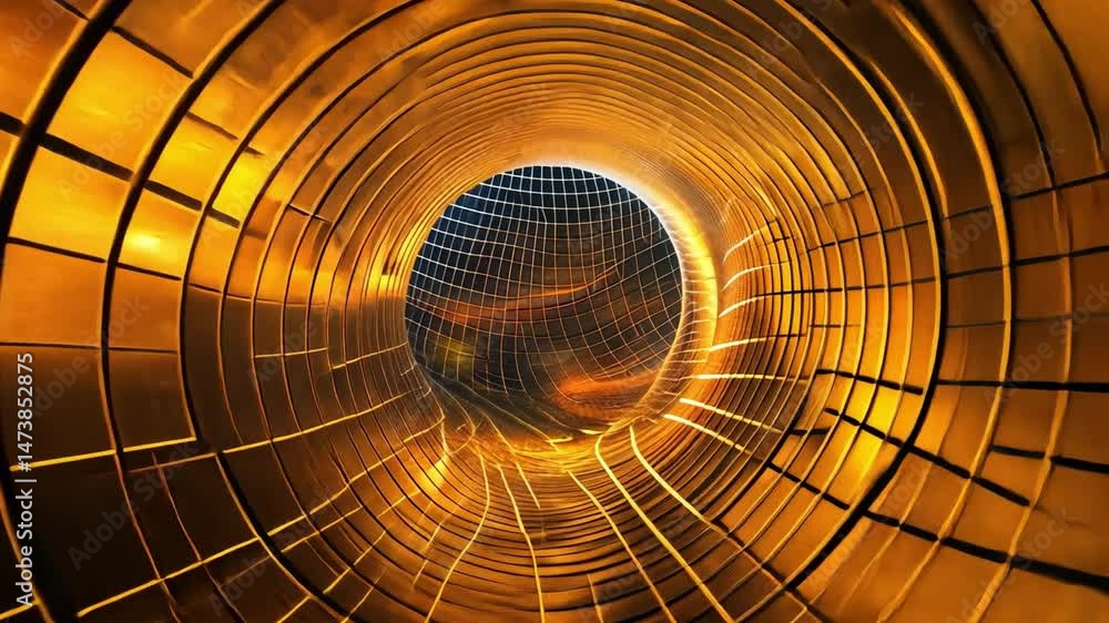 Poster exploration of abstract tunnel mesmerizing metallic texture with golden light, inviting curiosity an