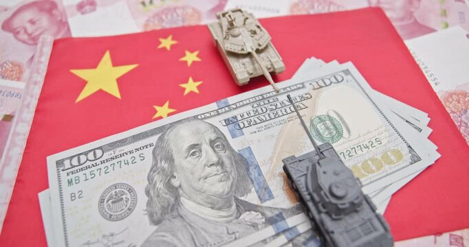 Trade war, reciprocal tariffs, economic deal and military symbolism : U.S. dollars, tanks on a Chinese flag, representing geopolitical tensions, the strategic influence of military and economic power.