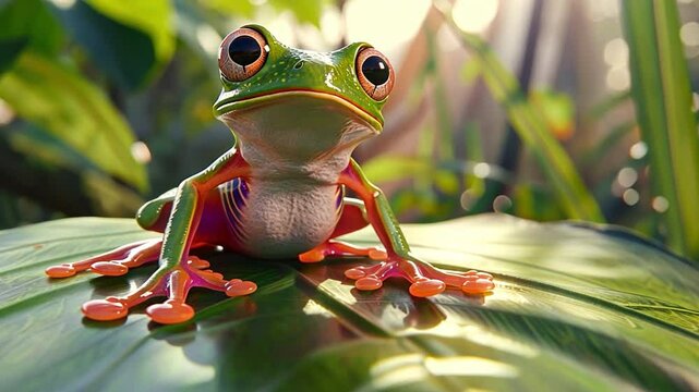 Vibrant Green Frog on Leaf Close Up of Natures Tropical Wildlife in Rainforest, Showcasing Unique Features and Serenity Amidst Lush Foliage.