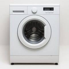 A pristine white front loading washing machine stands against a neutral background, its stainless steel drum reflecting light, ready for laundry day convenience at home.