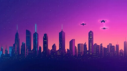 Fototapeta premium Futuristic city skyline, drones, vibrant sunset.