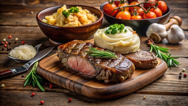 A juicy chulet?n de ternera (beef striploin) on a wooden table with a side of garlic mashed potatoes and steamed vegetables , meal, beef striploin
