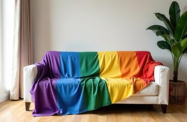 Large LGBT flag draped over white sofa in Japandi-style living room