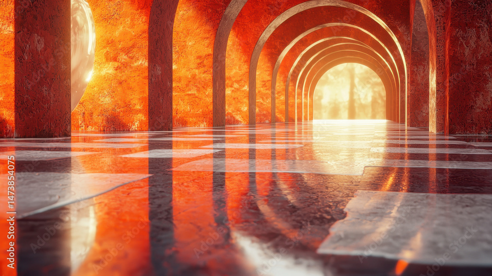 Poster a modern aesthetic 4k 3d rende shows a corridor with arches and side lighting, creating a realistic 