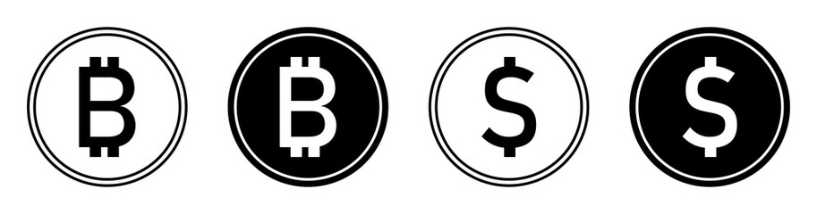 Obraz premium Bitcoin and dollar coin icons set in black and white color. Cryptocurrency and finance currency symbols in circle outline and solid fill styles. Isolated vector illustration.