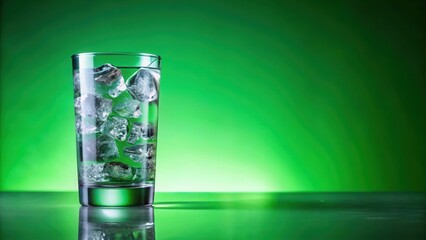 Refreshing glass of ice water on a bright green morning light background, green morning, beverage