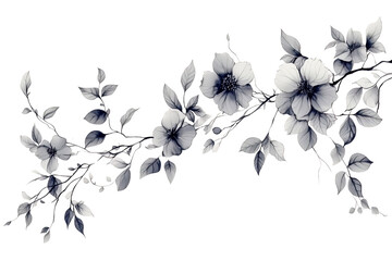 Fototapeta premium Botanical floral swirl with detailed ink-style drawing, transparent background.