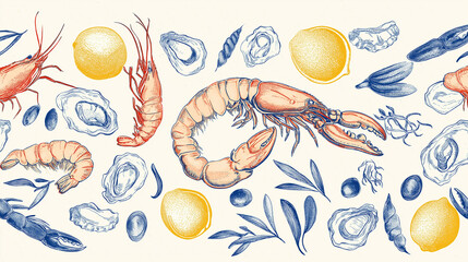 Horizontal vector pattern of seafood shrimps, oysters, lobster, lemons and olives. Mediterranean Dolce Vita style vintage illustrations for food, suitable for restaurant and marine cafe menu.