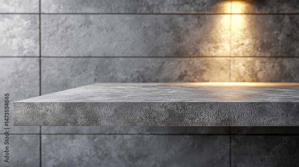 Poster a minimalist 3d rendered background features a realistic gray concrete shelf extending from a tiled 